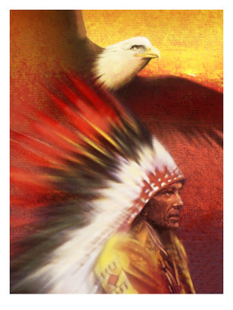 A Middle-Aged Adult Native American Male Wearing a Headdress with a Bald Eagle Flying Overhead