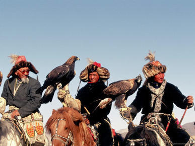 Hunters from Sagsai Sum, Bechik, Tek and Khalbek, Golden Eagle Festival, Mongolia