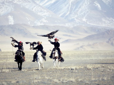 Eagle Hunters Dalai Khan, Takhuu Grandfather, Son Kook Kook, Golden Eagle Festival, Mongolia
