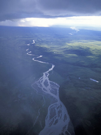 Aerial of Tundra and Mckinley River Flowing into Eagle Gorge, Alaska